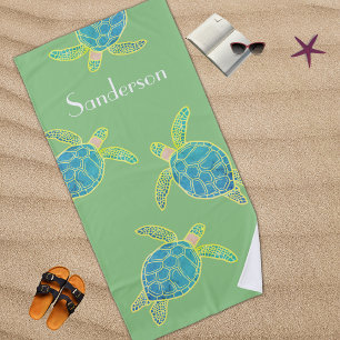 Monogrammed Coastal Sea Turtle Blue yellow Green Beach Towel