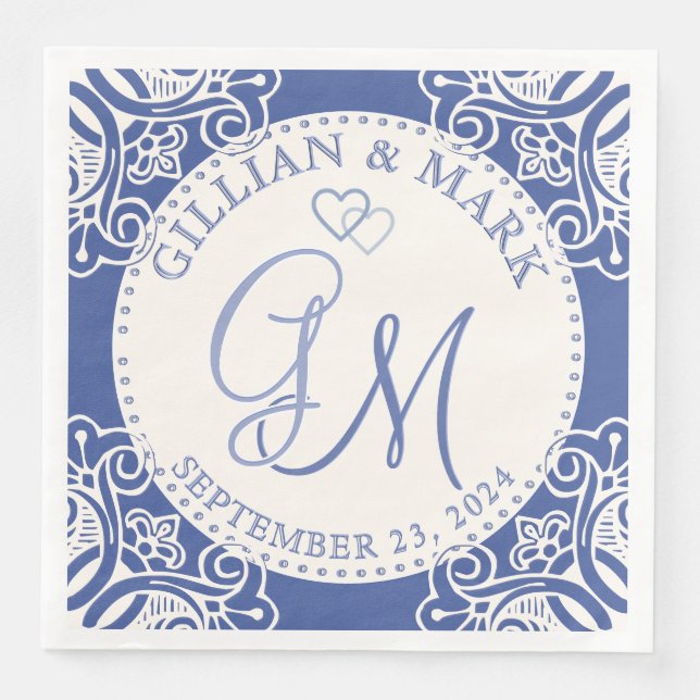 Monogrammed Cobalt & Sand Wedding  Napkin (Front)