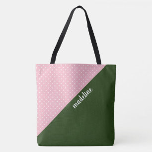 Monogrammed colour block, pink/green w polka dots tote bag