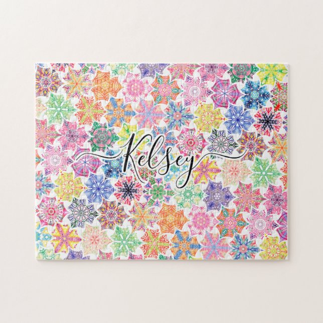 Monogrammed Colourful Boho Mandala Pattern Add Nam Jigsaw Puzzle (Horizontal)