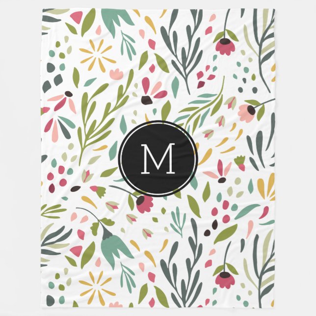 Monogrammed Colourful Botanical Flowers & Leafs Fleece Blanket (Front)