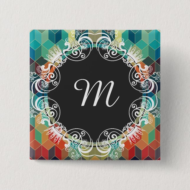 Monogrammed Colourful Cubes Geometric Pattern 2 15 Cm Square Badge (Front)