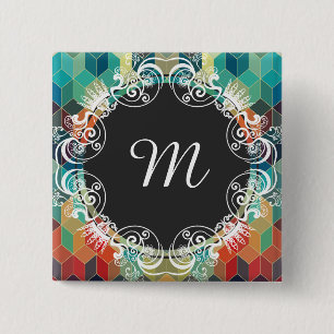 Monogrammed Colourful Cubes Geometric Pattern 2 15 Cm Square Badge