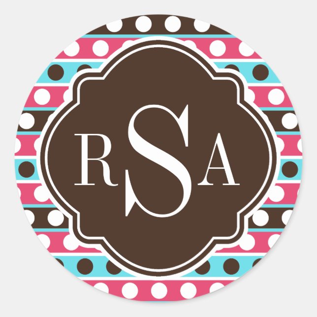 Monogrammed Colourful Dots and Stripes Pattern Classic Round Sticker (Front)