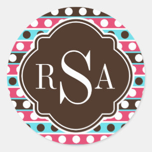 Monogrammed Colourful Dots and Stripes Pattern Classic Round Sticker