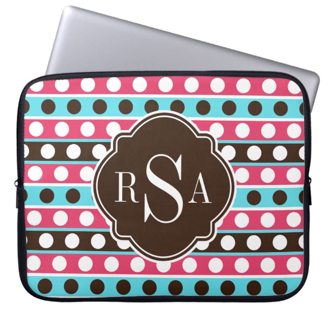 Monogrammed Colourful Dots and Stripes Pattern Laptop Sleeve (Front)