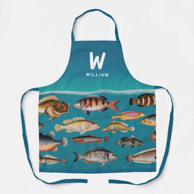 Monogrammed Colourful Fish Under Blue Ocean Apron (Front)