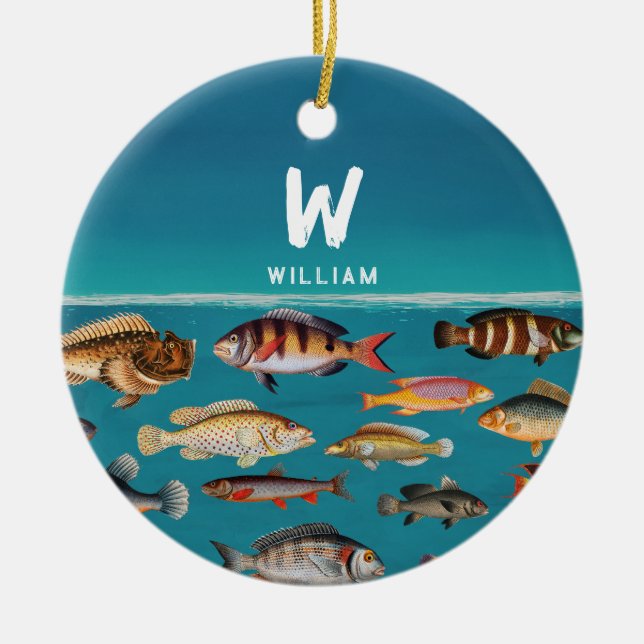 Monogrammed Colourful Fish Under Blue Ocean Ceramic Ornament (Front)