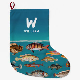 Monogrammed Colourful Fish Under Blue Ocean Large Christmas Stocking