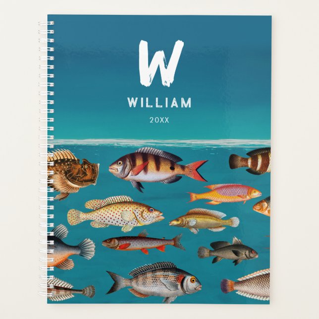 Monogrammed Colourful Fish Under Blue Ocean  Planner (Front)