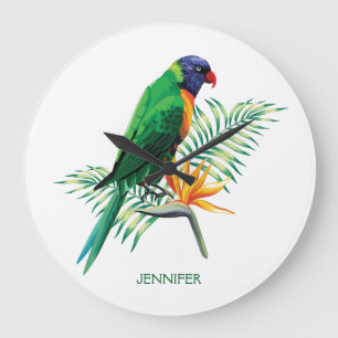Monogrammed Colourful Parrot And Flowers Large Clock