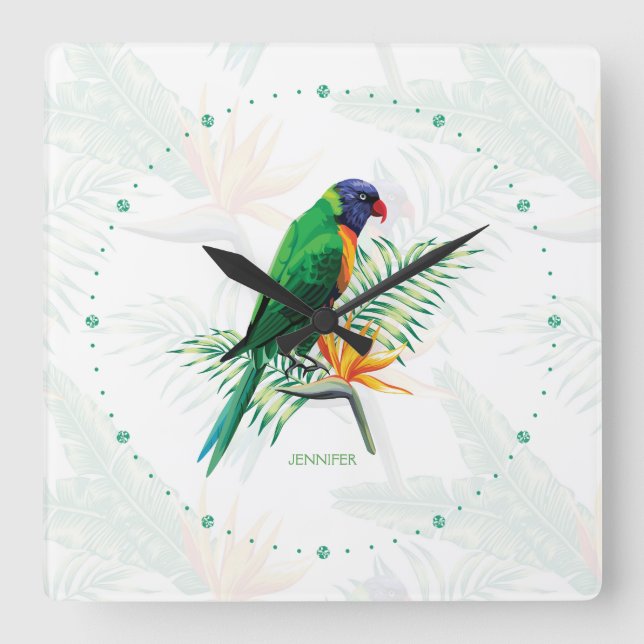 Monogrammed Colourful Parrot And Flowers Square Wall Clock (Front)