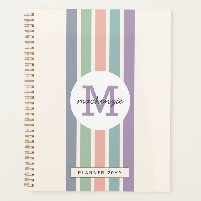 Monogrammed Colourful Pastel Stripes Personalised Planner (Front)