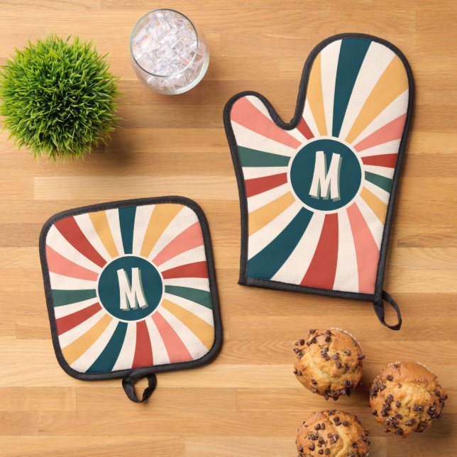 Monogrammed Colourful Retro Pattern Cooking Oven Mitt & Pot Holder Set (Top Down)