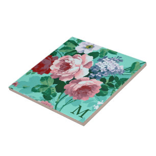 Monogrammed Colourful Roses Tile