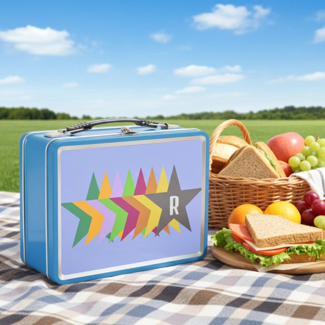 Monogrammed Colourful Stars on Light Purple, Kids Metal Lunch Box (Picnic)
