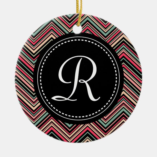 Monogrammed Colourful Tribal Chevron Pattern Ceramic Tree Decoration (Front)