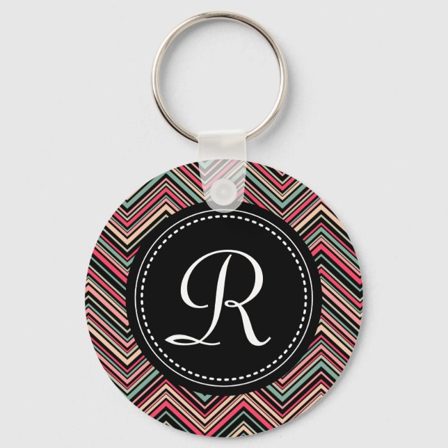 Monogrammed Colourful Tribal Chevron Pattern Key Ring (Front)