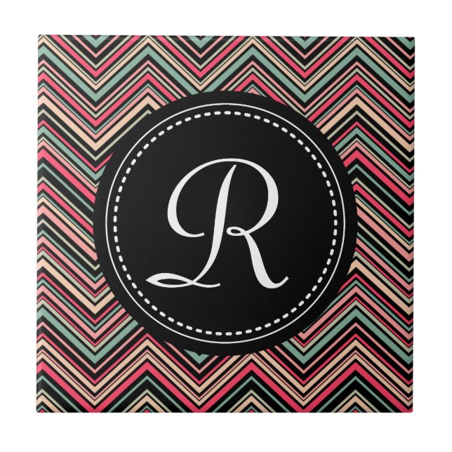 Monogrammed Colourful Tribal Chevron Pattern Tile (Front)