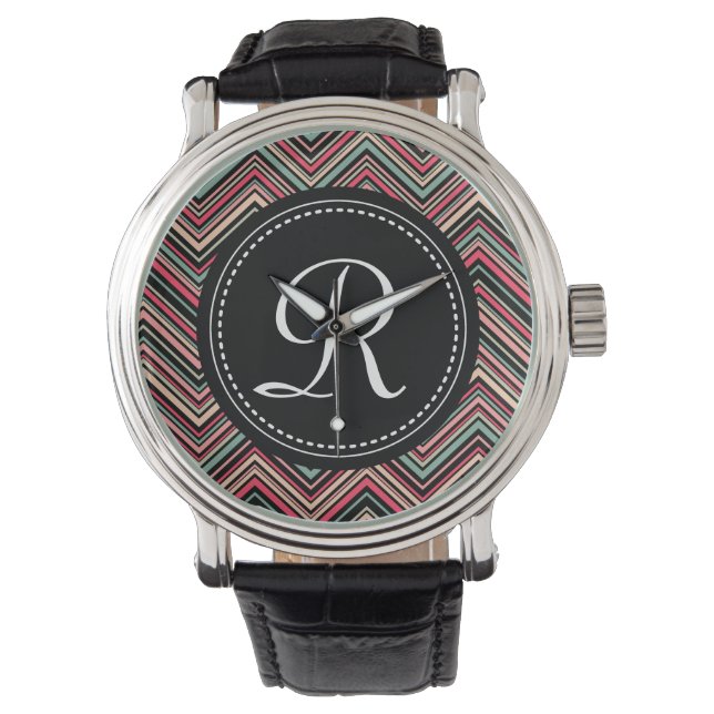 Monogrammed Colourful Tribal Chevron Pattern Watch (Front)