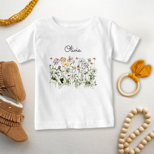 Monogrammed Colourful Wildflower Garden Baby T-Shirt (Close up)
