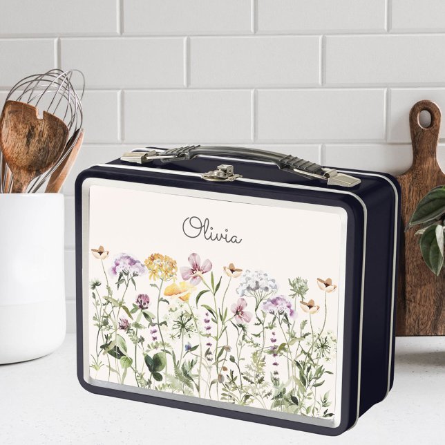 Monogrammed Colourful Wildflower Garden Metal Lunch Box (In situ)