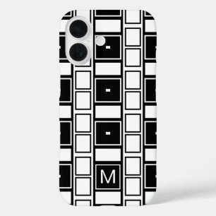 Monogrammed contemporary black and white squares iPhone 16 case
