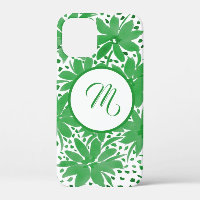 Monogrammed Contemporary Green Floral Case-Mate iPhone Case (Back)