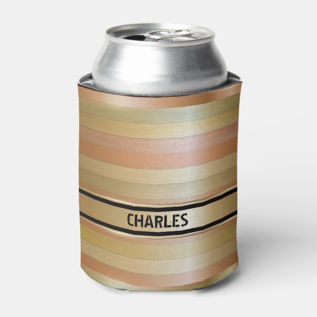 Monogrammed Copper And Gold Stripes Can Cooler (Can Front)