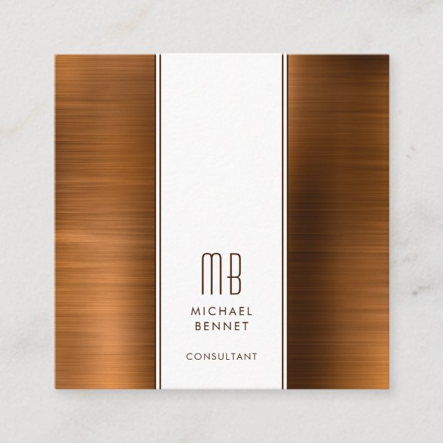 Monogrammed Copper Brown Metallic Foil Consultant Square Business Card (Front)