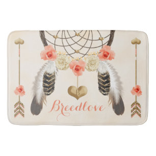 Monogrammed Coral and Gold Boho Dreamcatcher Bath Mat