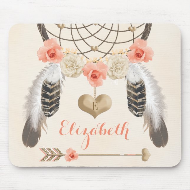 Monogrammed Coral and Gold Dreamcatcher and Arrow Mouse Pad (Front)