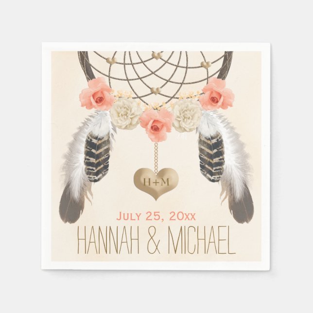 MONOGRAMMED CORAL AND GOLD DREAMCATCHER WEDDING NAPKIN (Front)