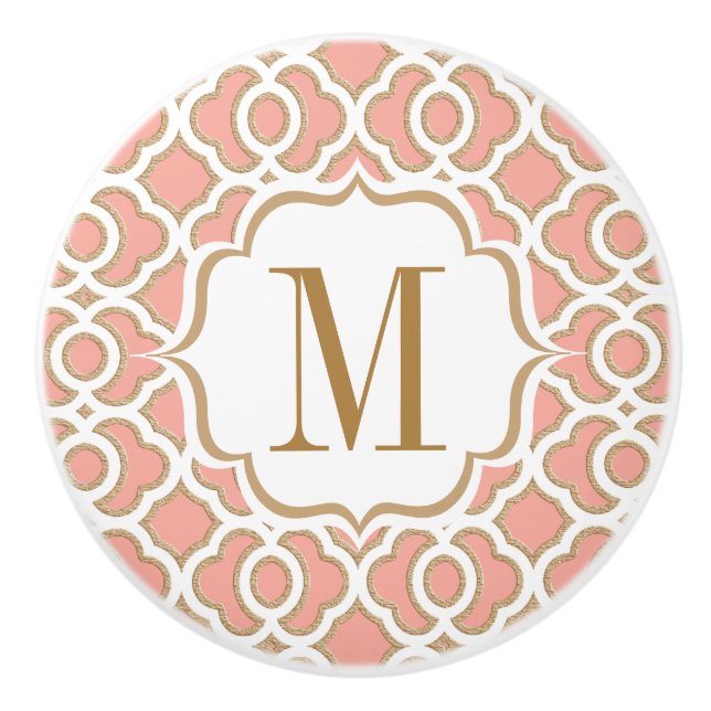 Monogrammed Coral and Gold Moroccan Ceramic Knob (Front)