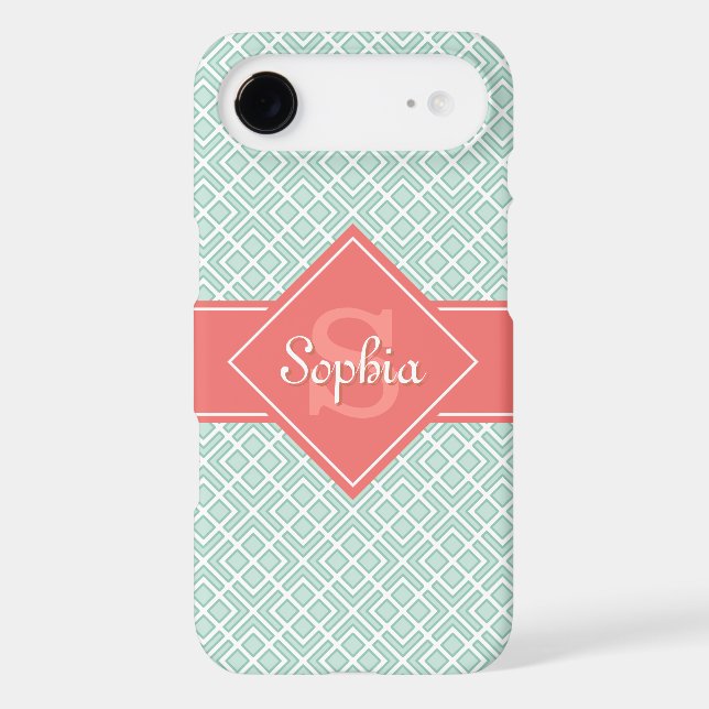 Monogrammed Coral and Mint Diamond Pattern Case-Mate iPhone Case (Back)