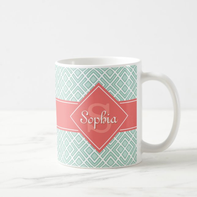 Monogrammed Coral and Mint Diamond Pattern Coffee Mug (Right)