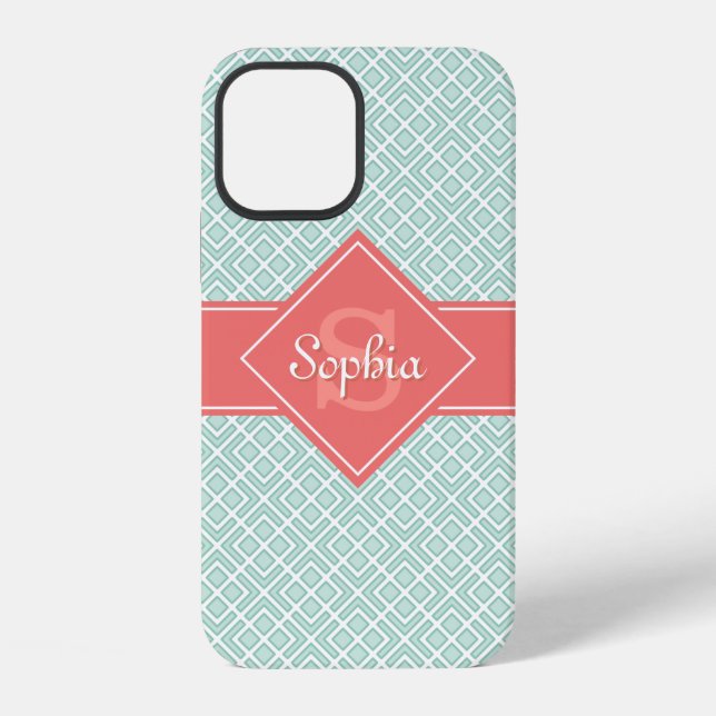 Monogrammed Coral and Mint Diamond Pattern iPhone Case (Back)
