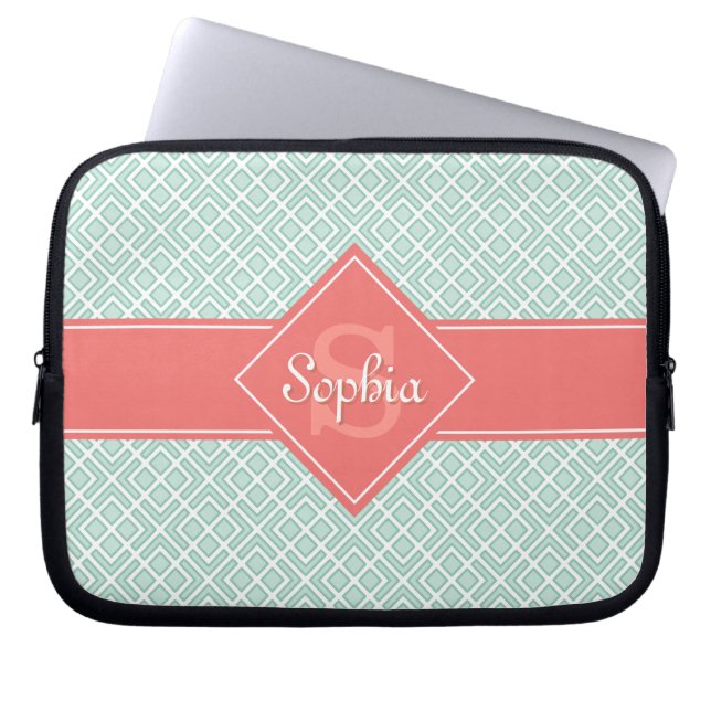 Monogrammed Coral and Mint Diamond Pattern Laptop Sleeve (Front)