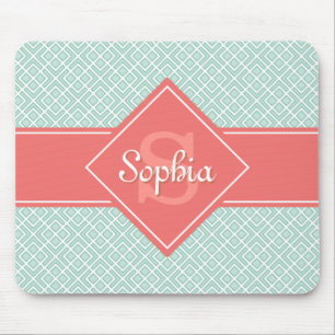 Monogrammed Coral and Mint Diamond Pattern Mouse Pad