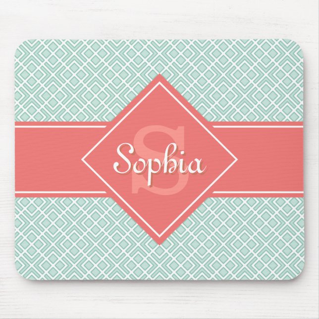 Monogrammed Coral and Mint Diamond Pattern Mouse Pad (Front)