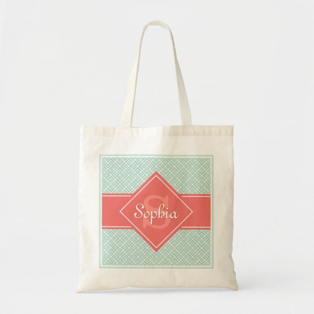 Monogrammed Coral and Mint Diamond Pattern Tote Bag (Front)