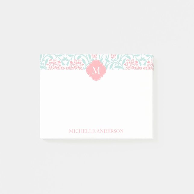 Monogrammed Coral and Mint Floral Damask Post-it Notes (Front)