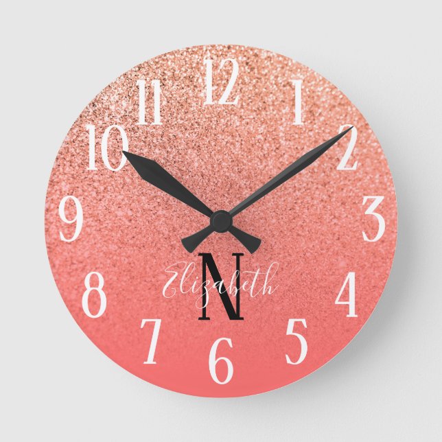 Monogrammed Coral and Orange Glitter Ombre Round Clock (Front)