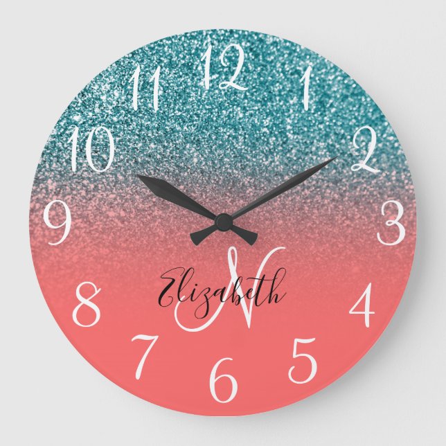 Monogrammed Coral and Teal Glitter Ombre Large Clock (Front)
