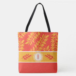 Monogrammed Coral and Yellow Summer Cabana Tote Bag