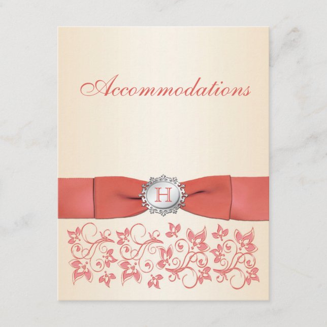 Monogrammed Coral, Champagne Floral Enclosure Card (Front)