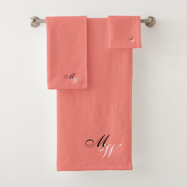 Monogrammed Coral Coloured Bath Towel Set (Insitu)
