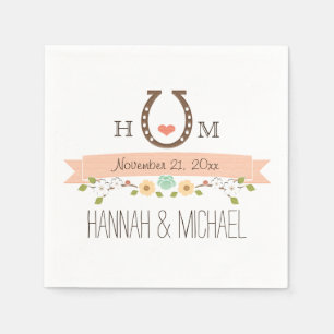 Monogrammed Coral Horseshoe Heart Wedding Napkin