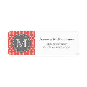 Monogrammed Coral Modern Lattice Pattern Return Address Label
