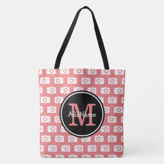 Monogrammed Coral Pink Camera Pattern with Name Tote Bag